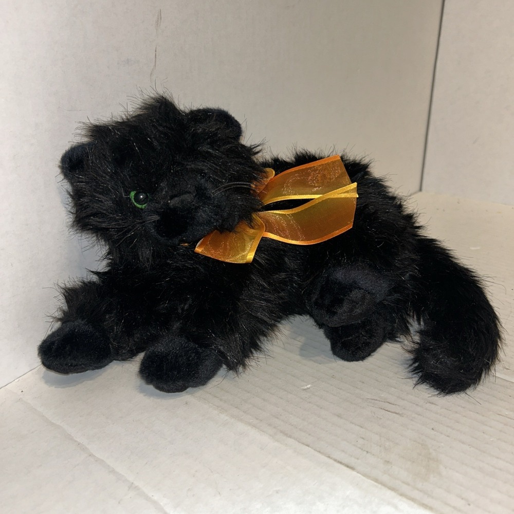 Ty Classic Moonstruck Black Cat Kitten‎ Plush Green Eyes Orange Bow Furry P2